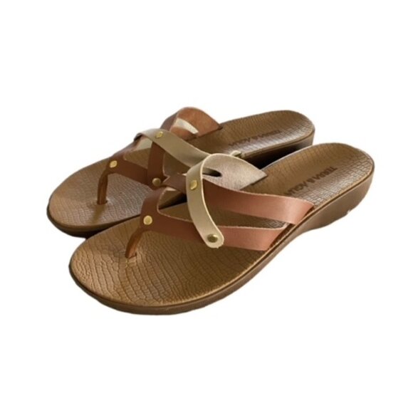 Terra & Agua Brown & Tan Criss Cross Thong Sandals 9 - Picture 2 of 6